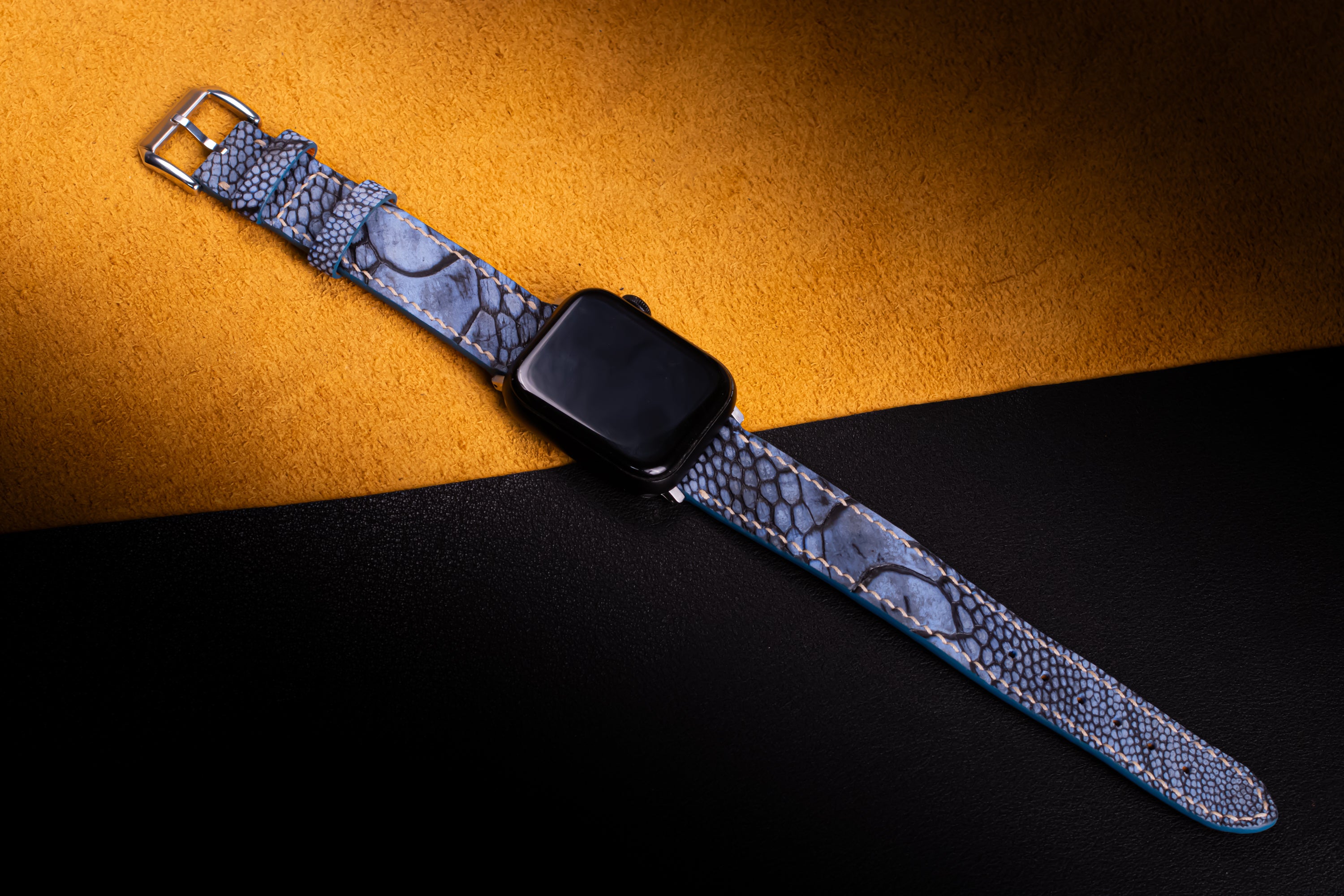 Slate Blue Matte Ostrich Leg Leather Apple Watch Band (Scaled)