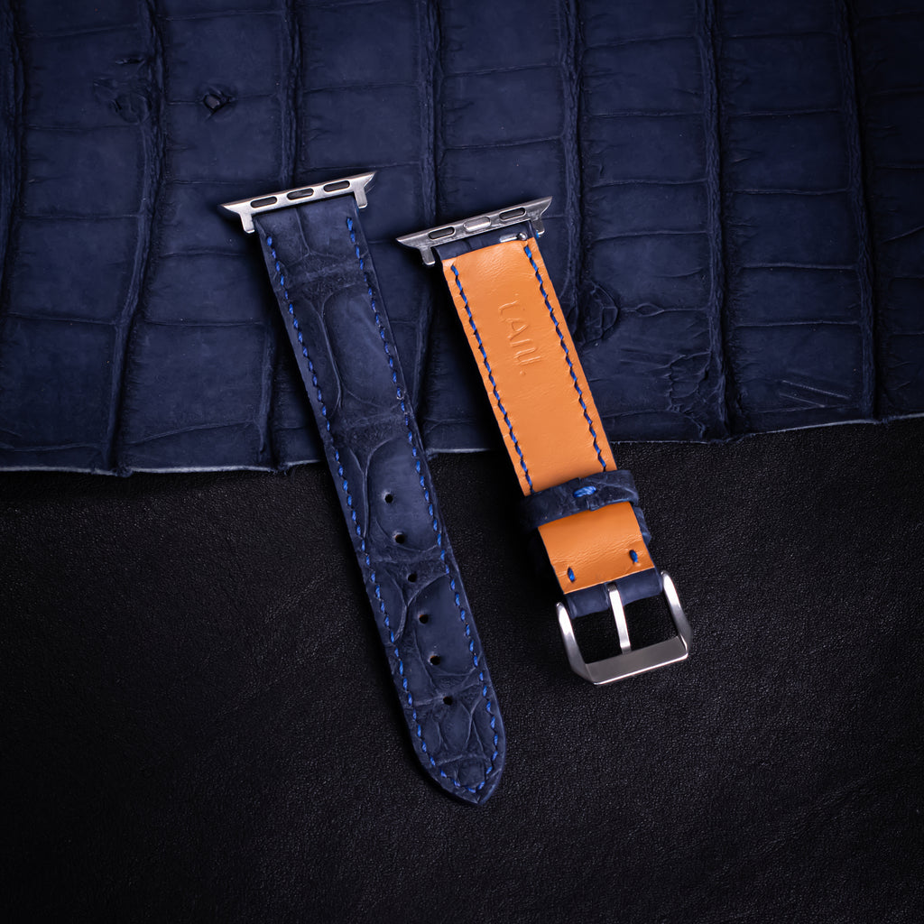 Prussian Blue Nubuck Alligator Leather Apple Watch Band