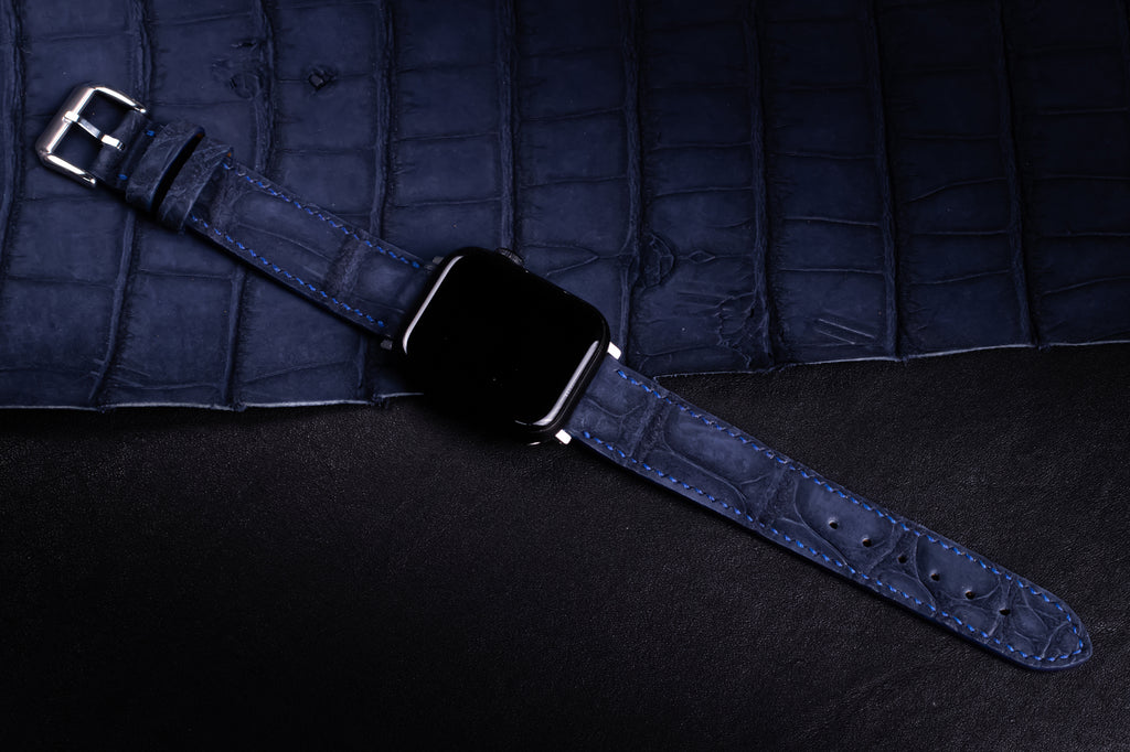 Prussian Blue Nubuck Alligator Leather Apple Watch Band
