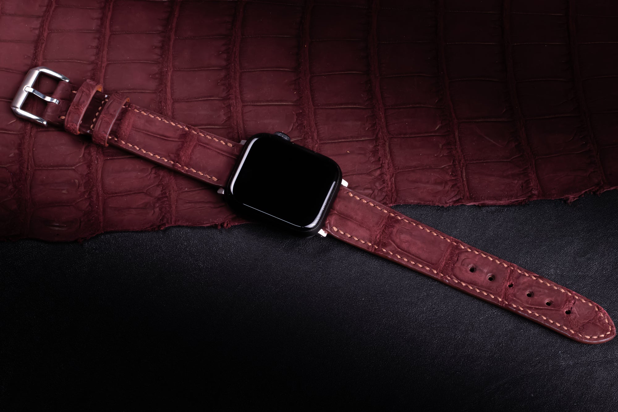 Burgundy Nubuck Alligator Leather Apple Watch Band