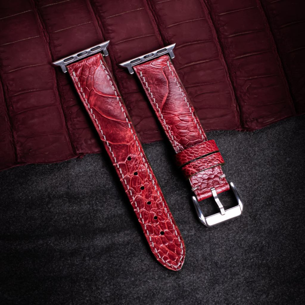 Bordeaux Glossy Ostrich Leg Leather Apple Watch Band (Scaled)