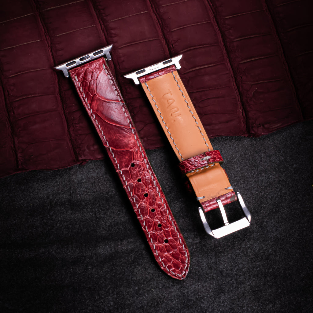 Bordeaux Glossy Ostrich Leg Leather Apple Watch Band (Scaled)