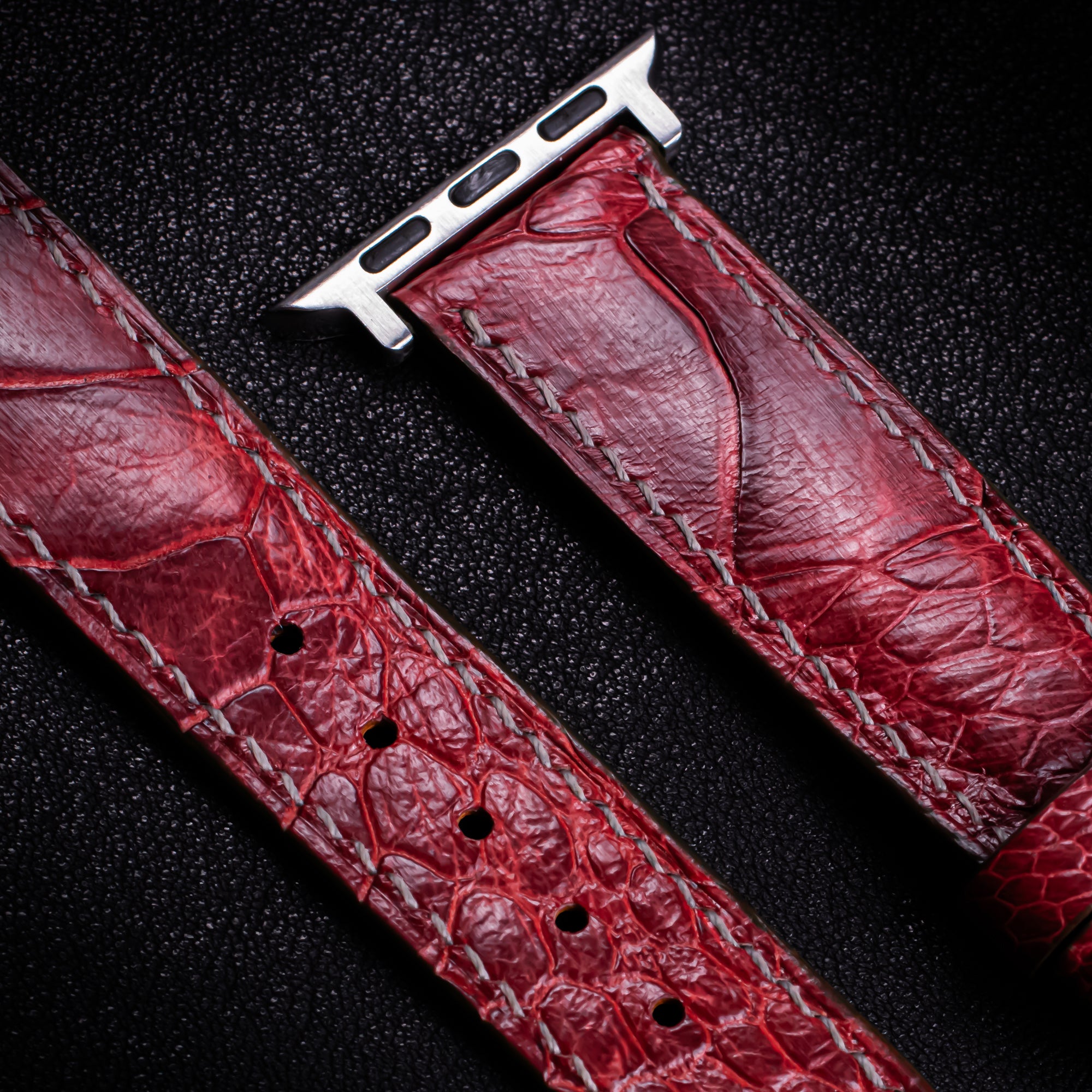 Bordeaux Glossy Ostrich Leg Leather Apple Watch Band (Scaled)