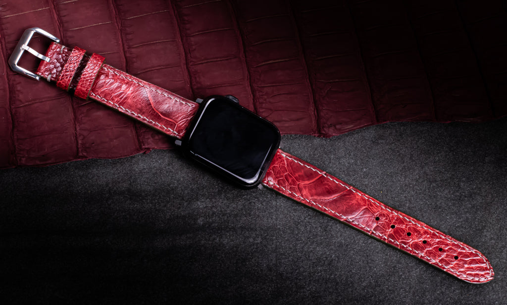 Bordeaux Glossy Ostrich Leg Leather Apple Watch Band (Scaled)
