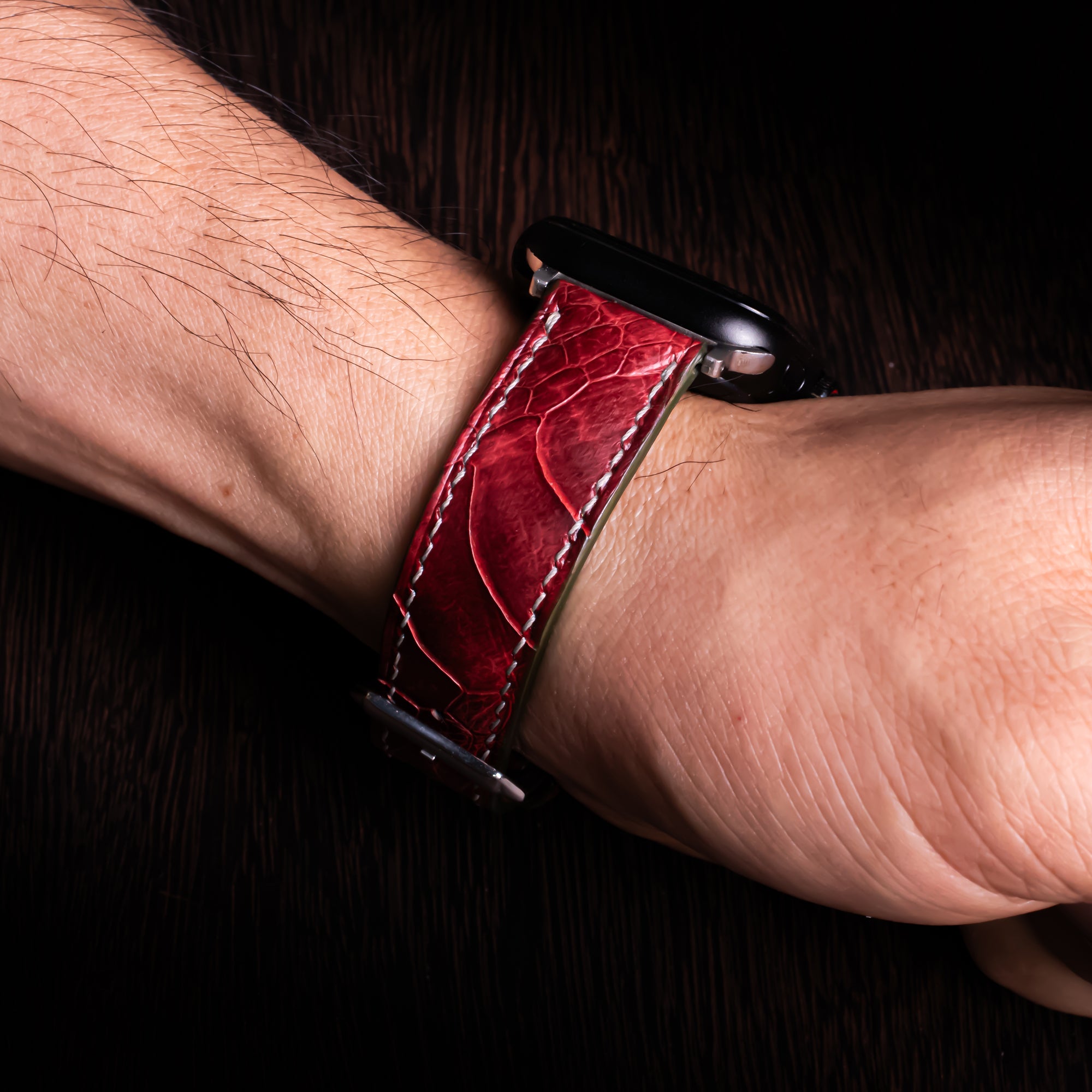 Bordeaux Glossy Ostrich Leg Leather Apple Watch Band (Scaled)