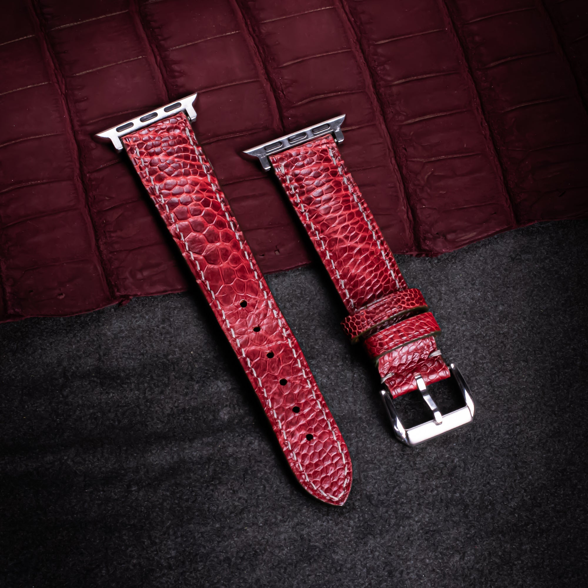 Scarlet Glossy Ostrich Leg Leather Apple Watch Band
