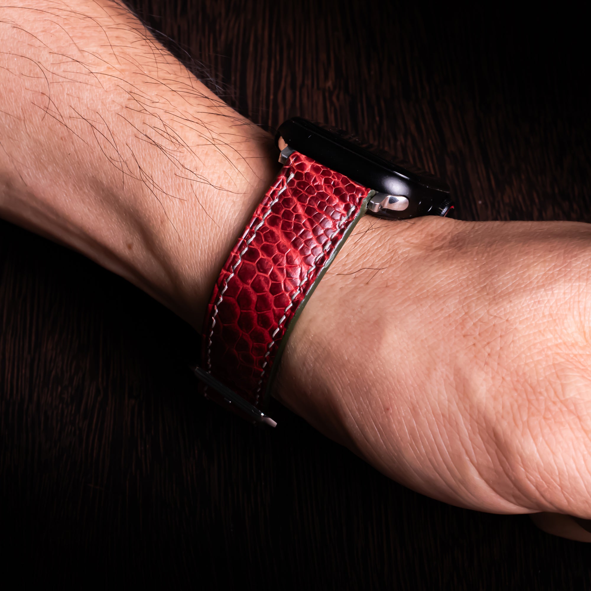 Scarlet Glossy Ostrich Leg Leather Apple Watch Band