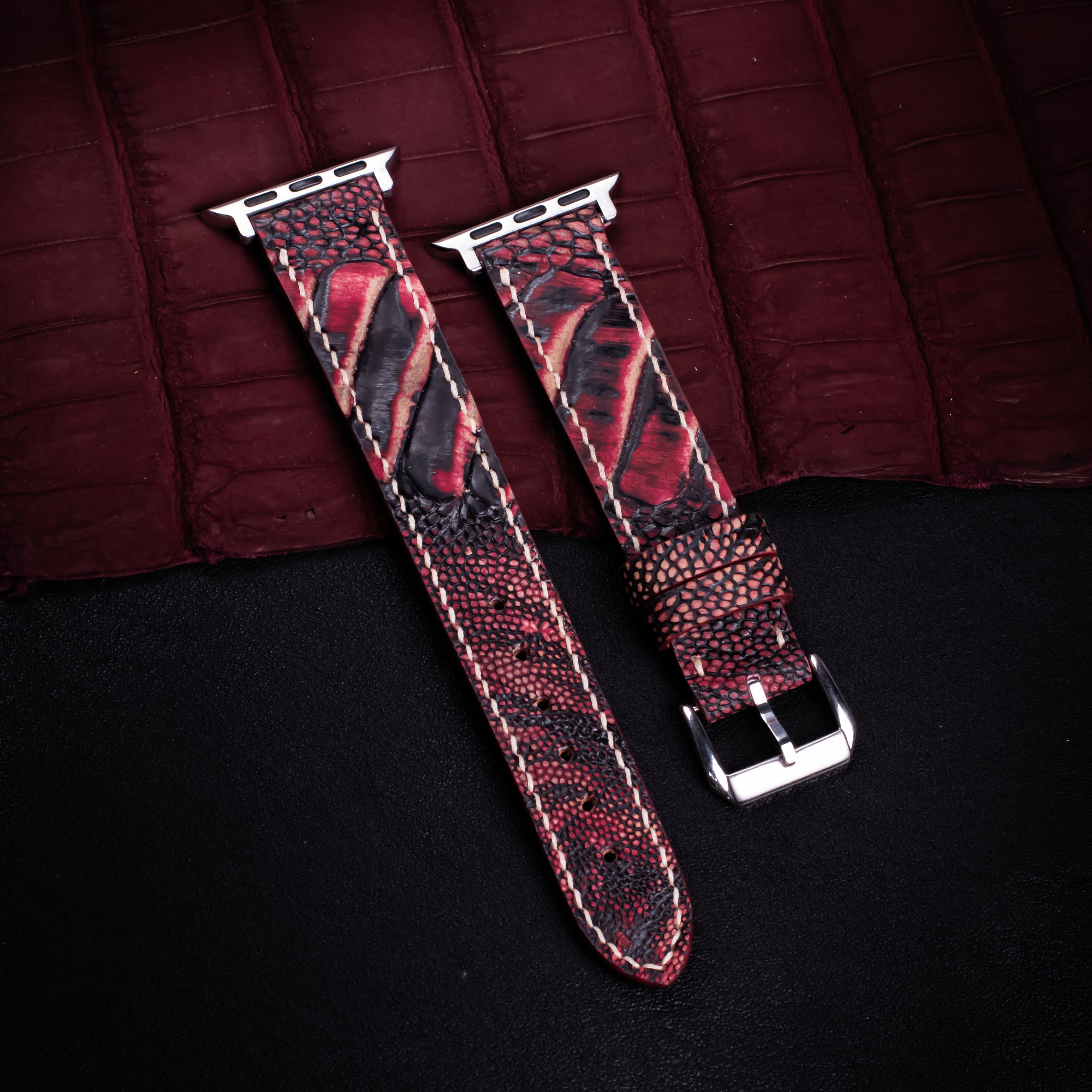 Crimson Eclipse Matte Ostrich Leg Leather Apple Watch Band (Scaled)