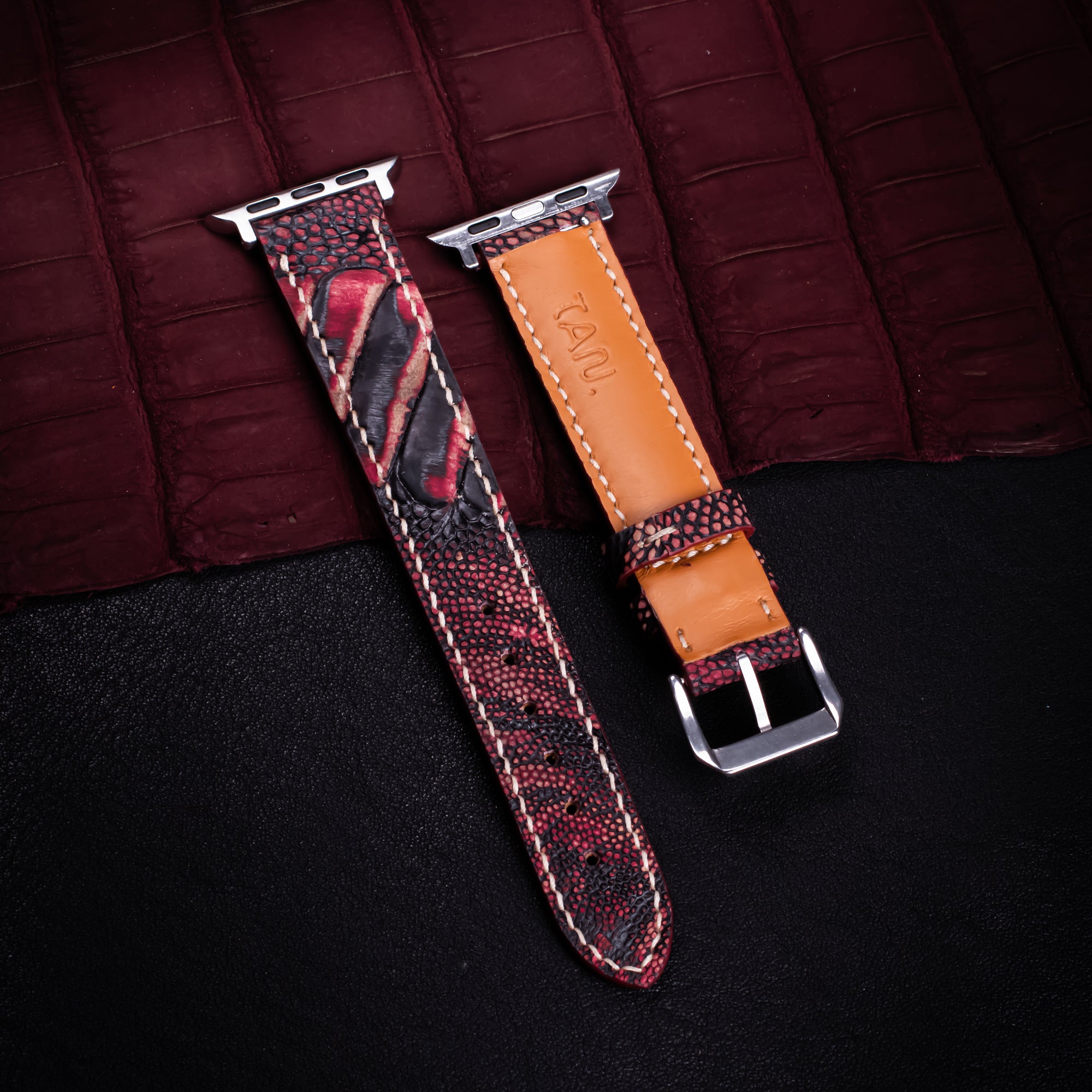 Crimson Eclipse Matte Ostrich Leg Leather Apple Watch Band (Scaled)