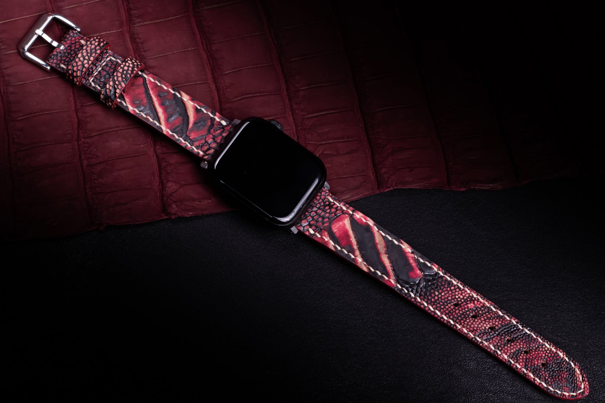 Crimson Eclipse Matte Ostrich Leg Leather Apple Watch Band (Scaled)