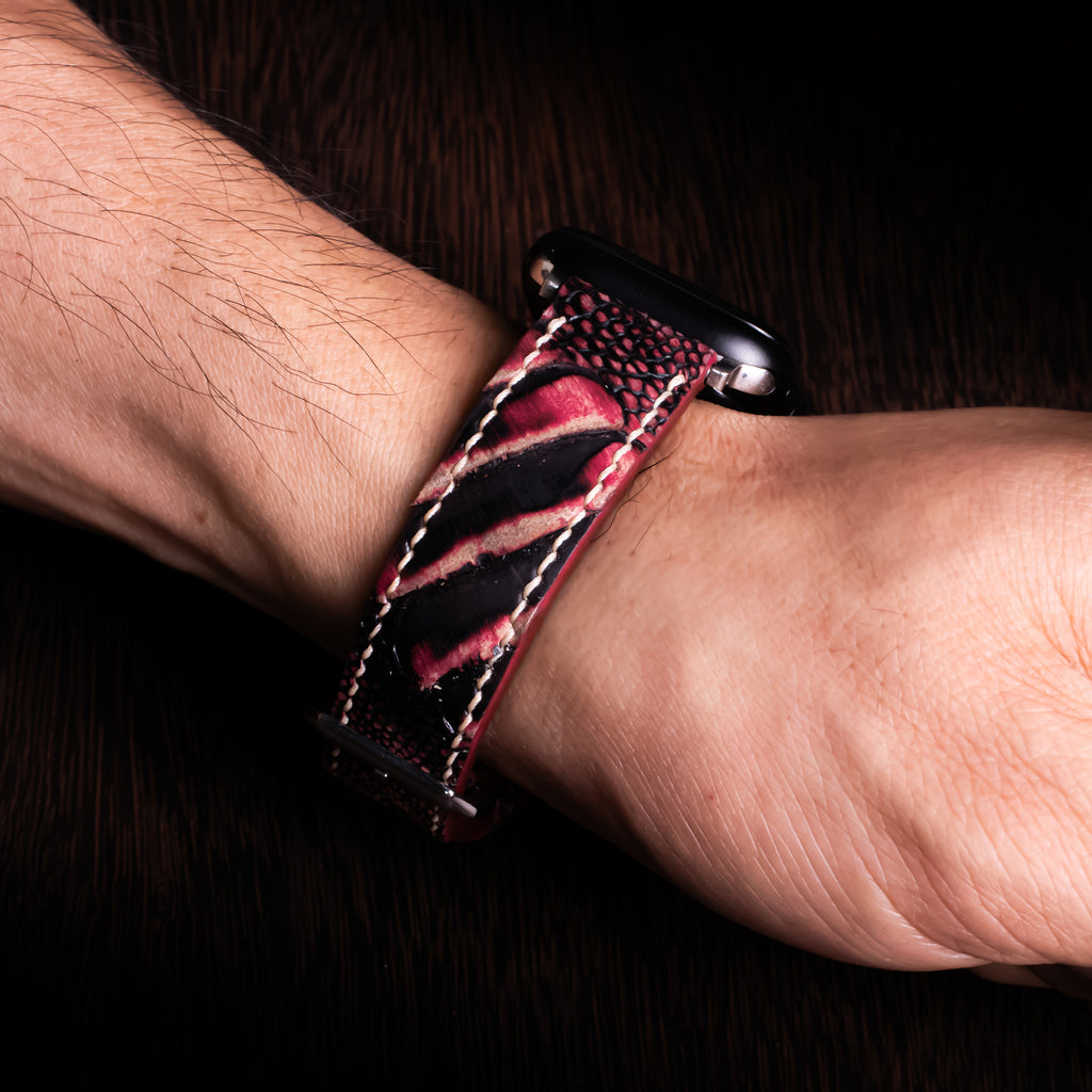 Crimson Eclipse Matte Ostrich Leg Leather Apple Watch Band (Scaled)