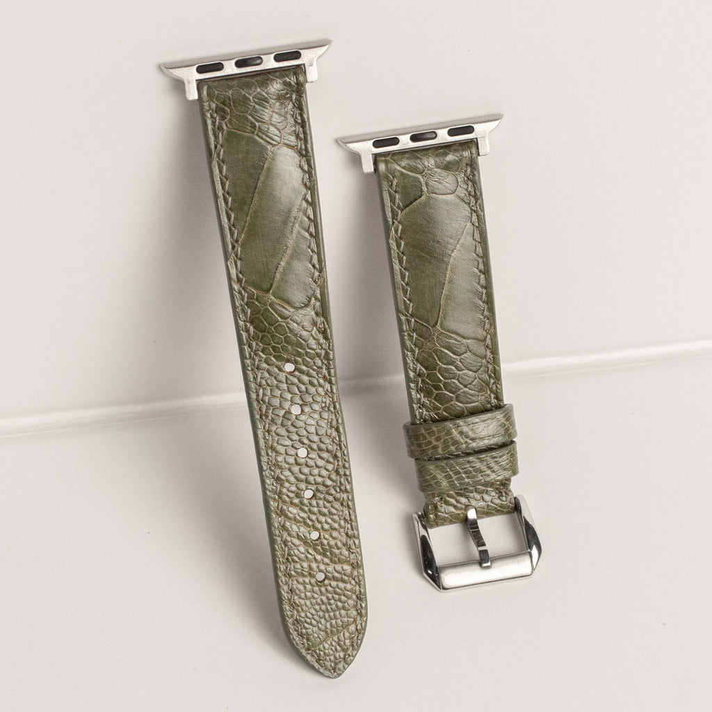 Olive Glossy Ostrich Leg Leather Apple Watch Band (Scaled)