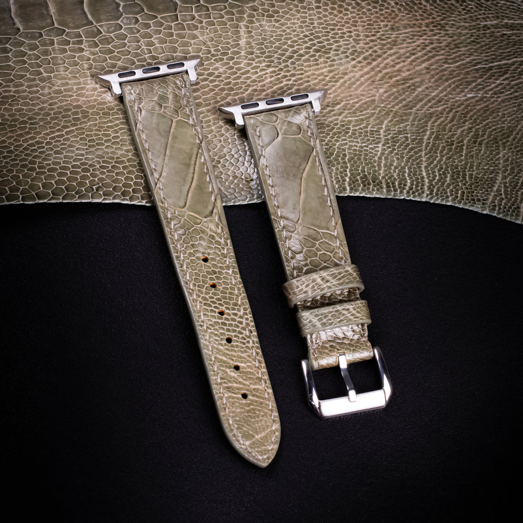 Olive Glossy Ostrich Leg Leather Apple Watch Band (Scaled)