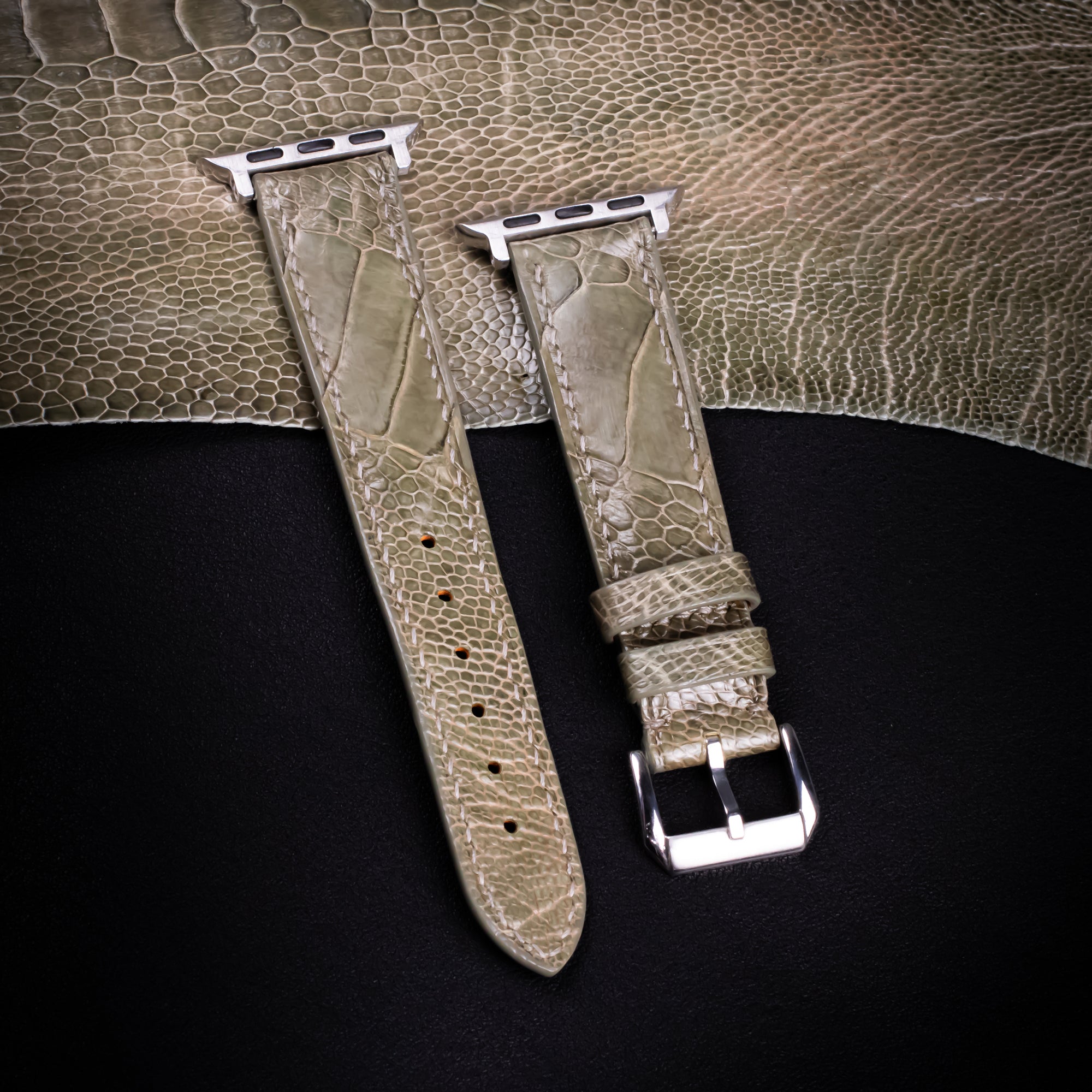 Olive Glossy Ostrich Leg Leather Apple Watch Band (Scaled)