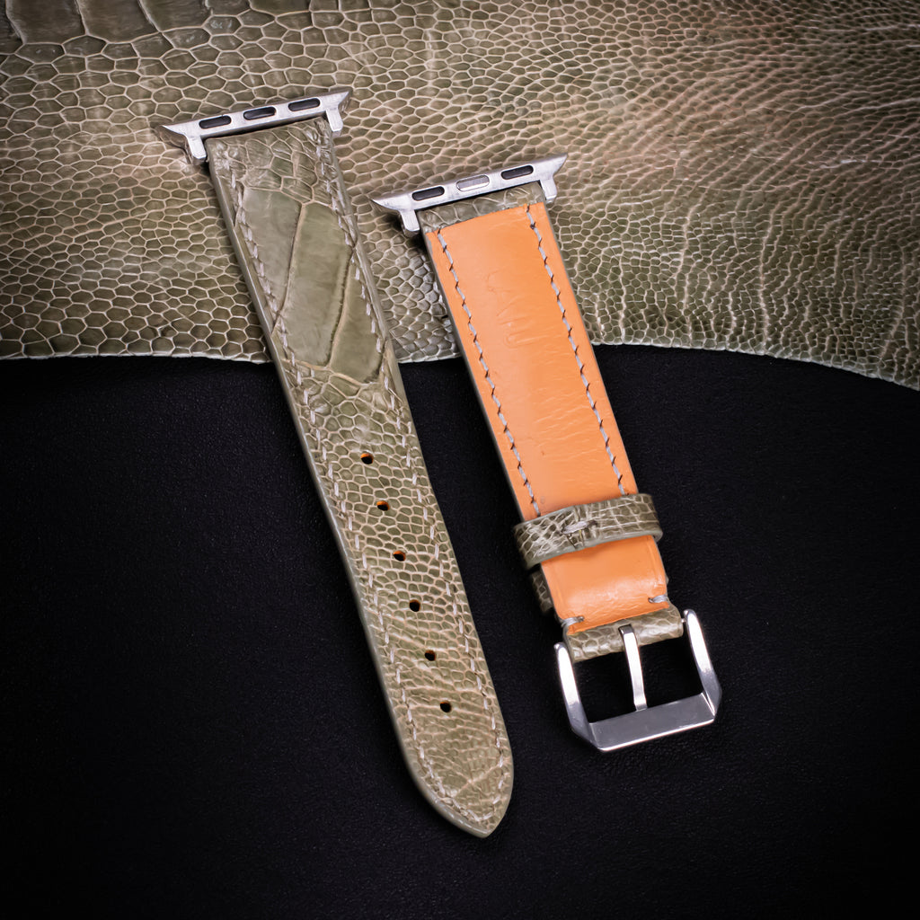 Olive Glossy Ostrich Leg Leather Apple Watch Band (Scaled)