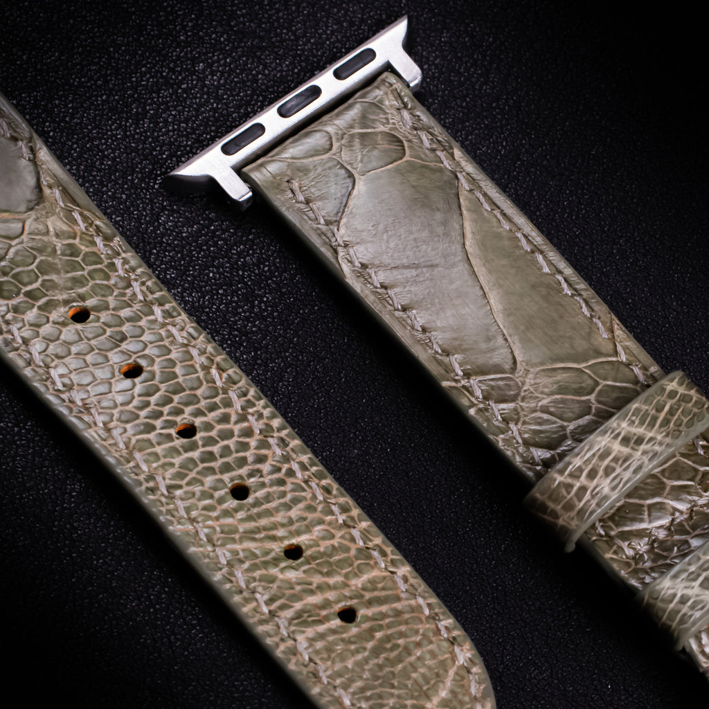 Olive Glossy Ostrich Leg Leather Apple Watch Band (Scaled)