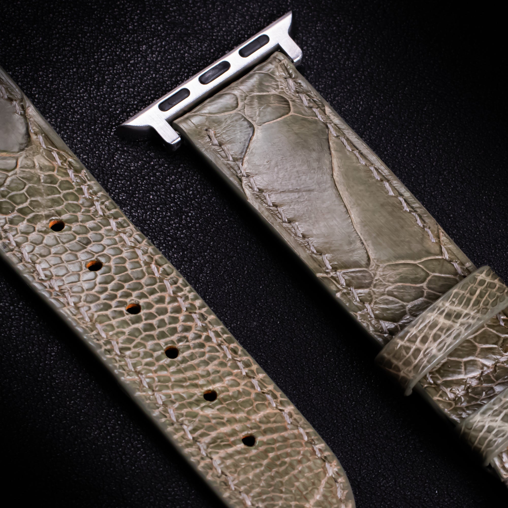 Olive Glossy Ostrich Leg Leather Apple Watch Band (Scaled)