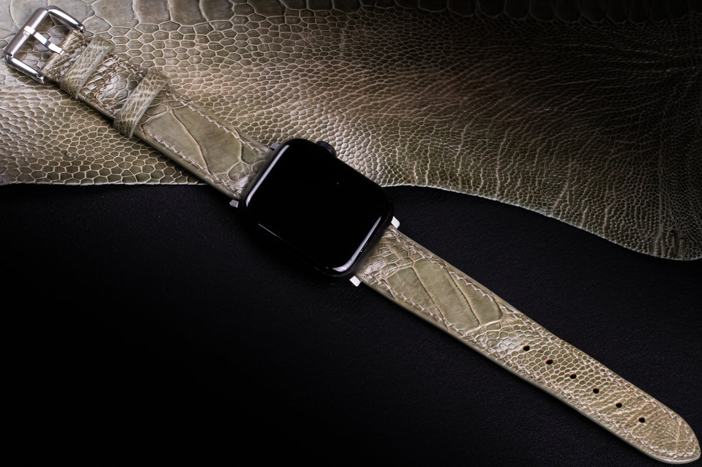 Olive Glossy Ostrich Leg Leather Apple Watch Band (Scaled)