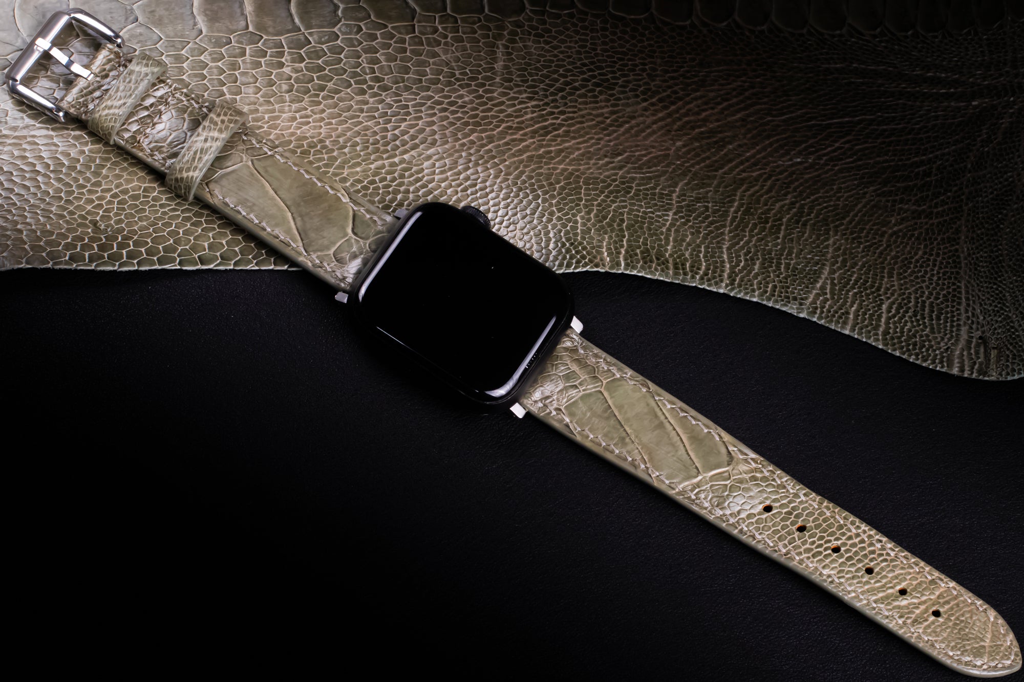 Olive Glossy Ostrich Leg Leather Apple Watch Band (Scaled)