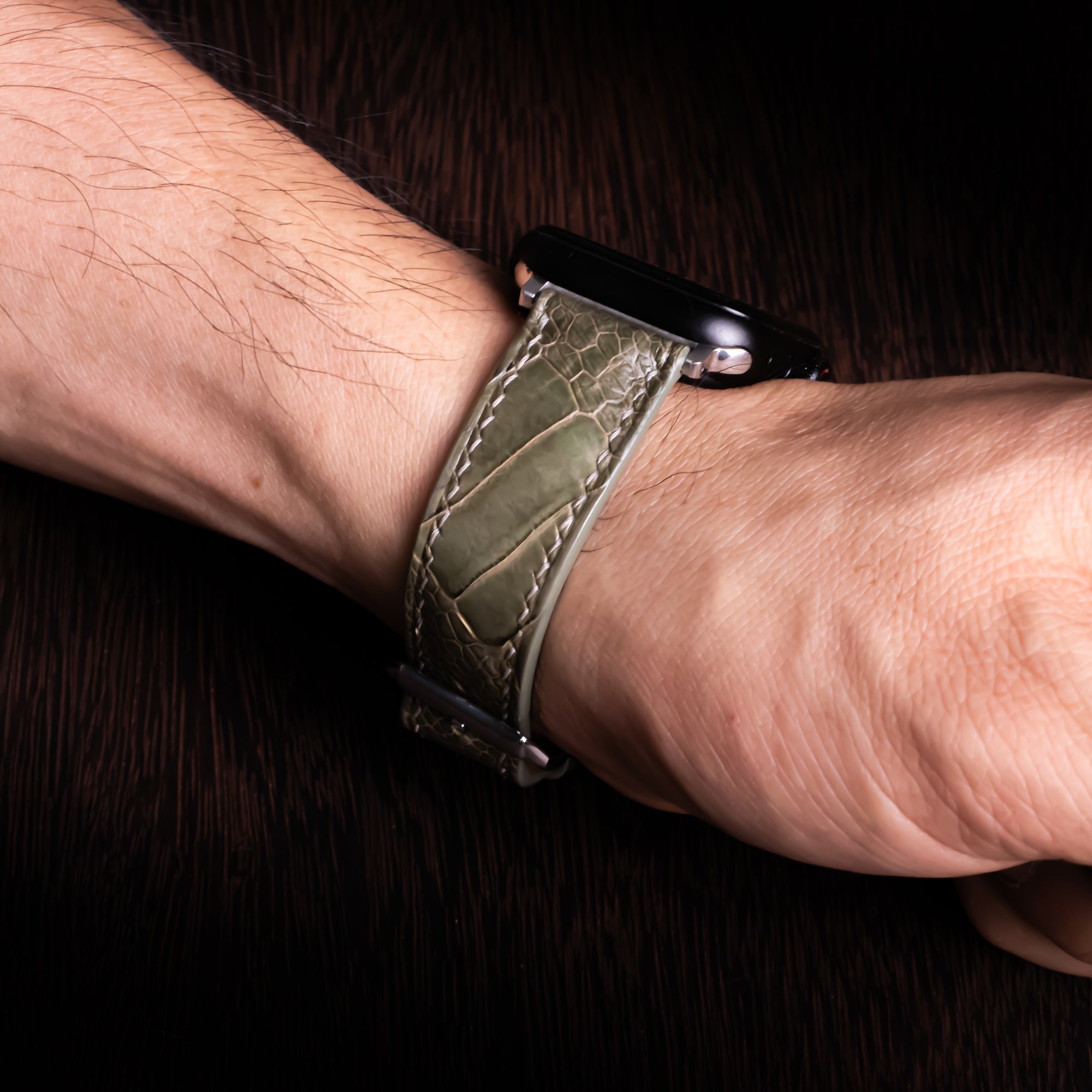 Olive Glossy Ostrich Leg Leather Apple Watch Band (Scaled)
