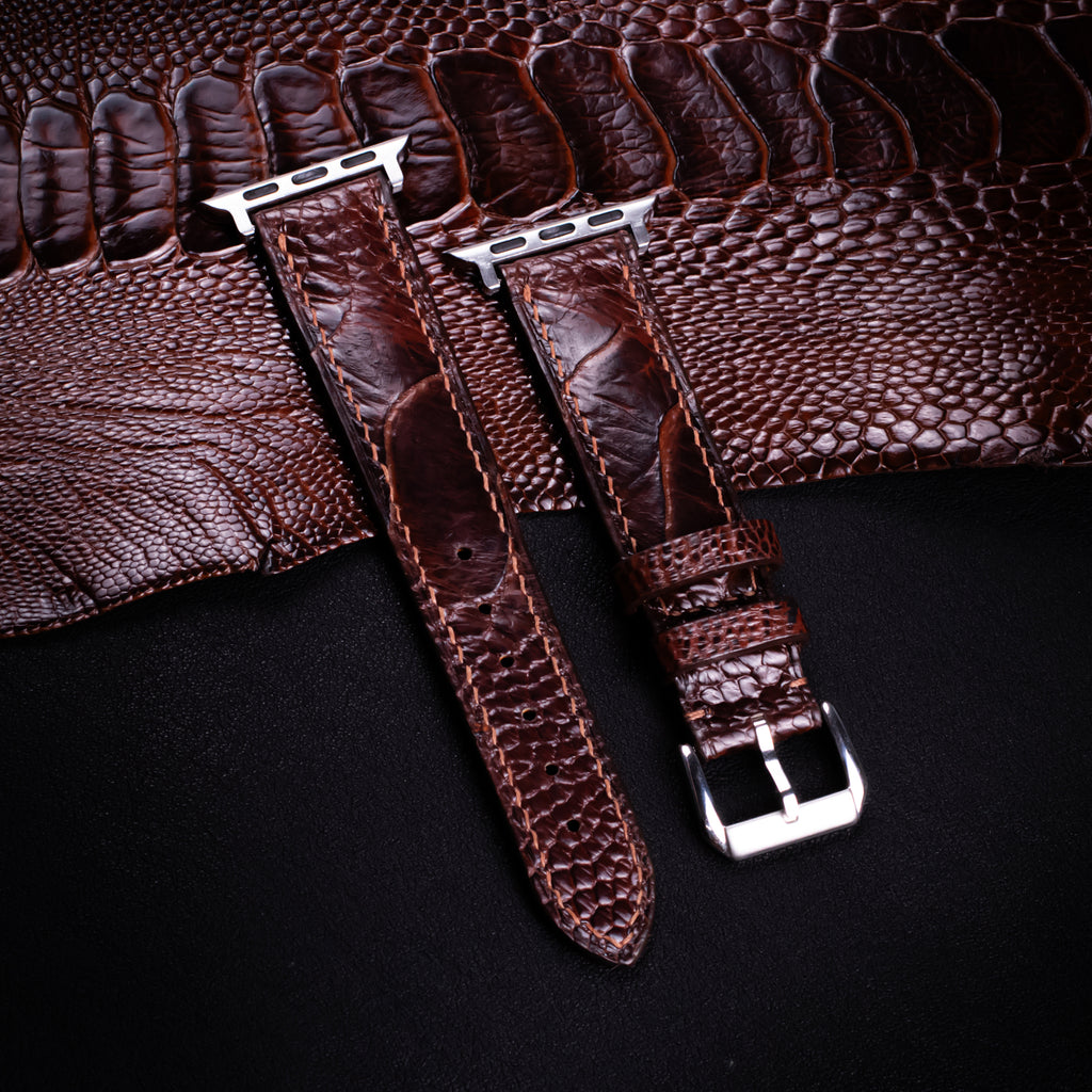 Espresso Glossy Ostrich Leg Leather Apple Watch Band (Scaled)
