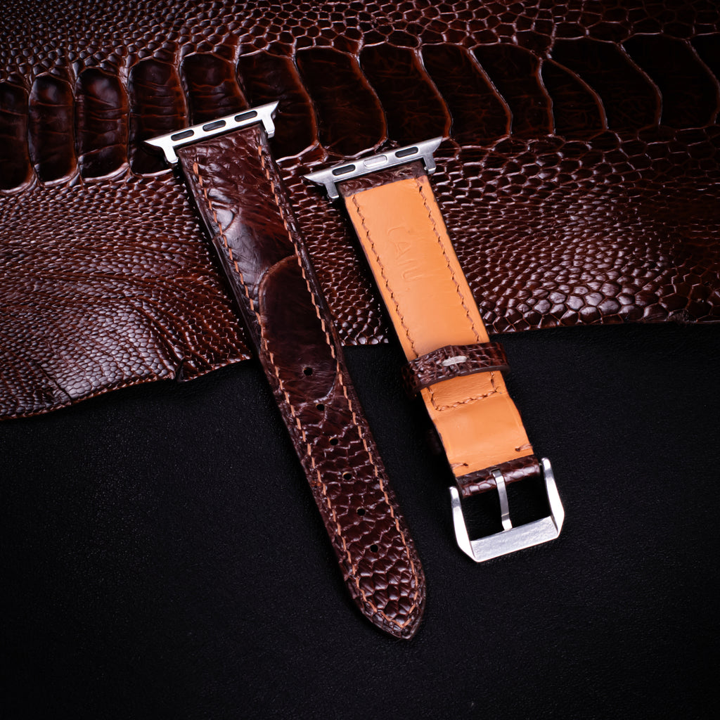 Espresso Glossy Ostrich Leg Leather Apple Watch Band (Scaled)
