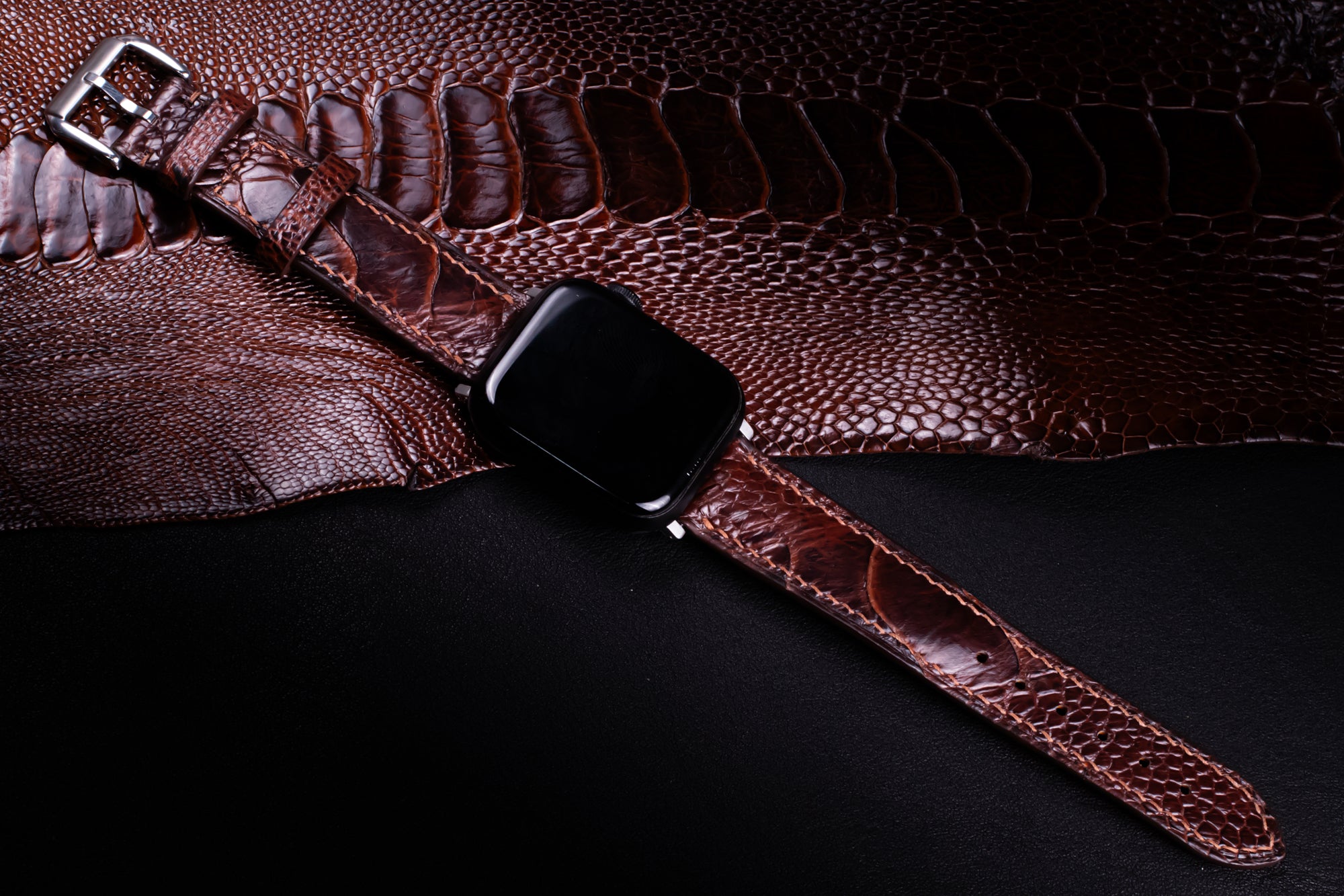 Espresso Glossy Ostrich Leg Leather Apple Watch Band (Scaled)