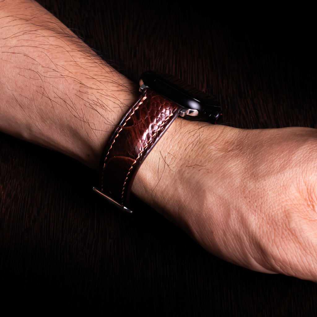 Espresso Glossy Ostrich Leg Leather Apple Watch Band (Scaled)