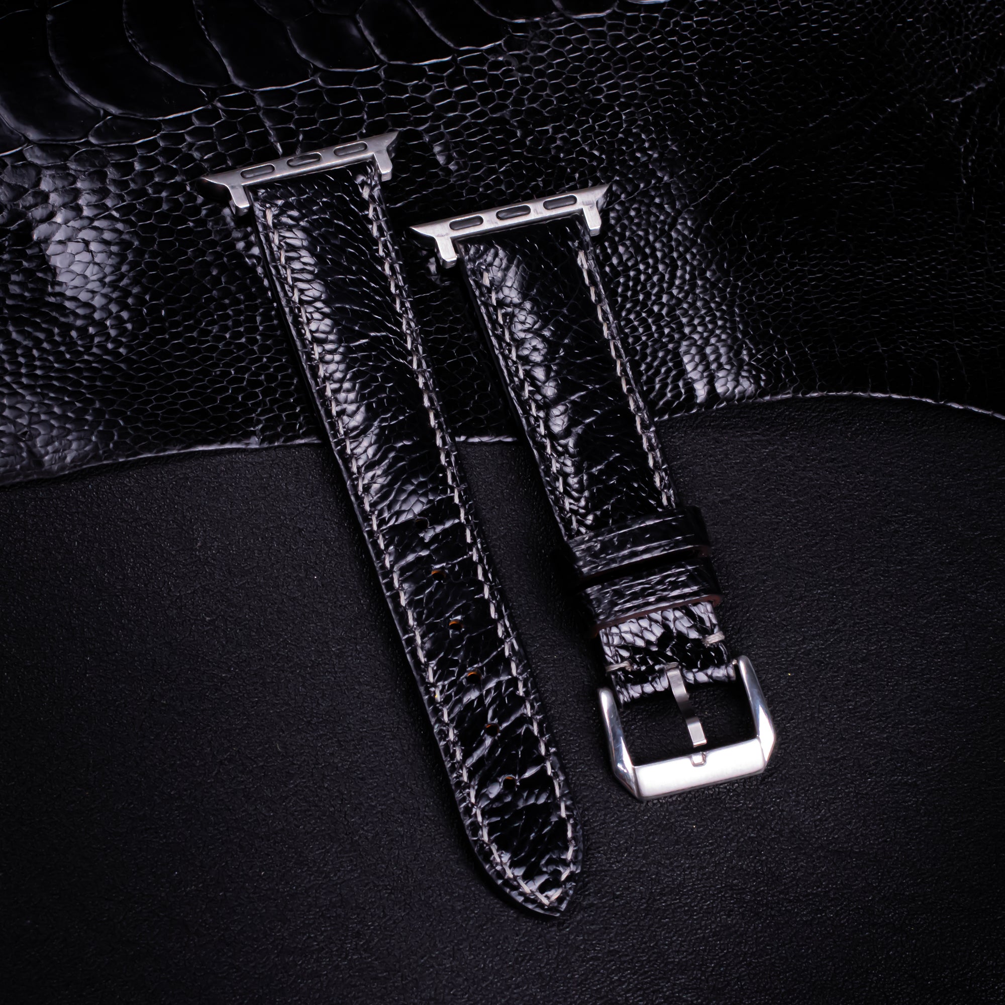 Black Glossy Ostrich Leg Leather Apple Watch Band