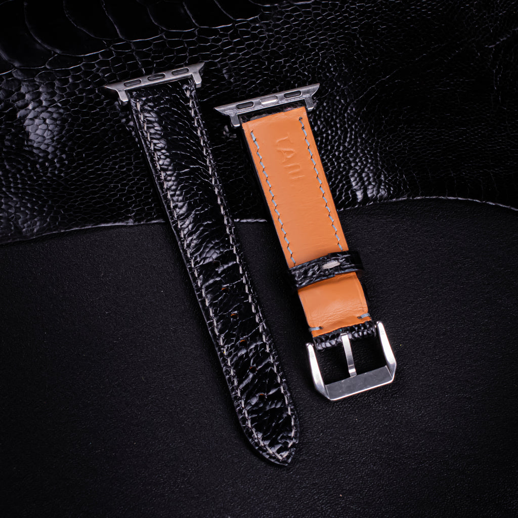 Black Glossy Ostrich Leg Leather Apple Watch Band