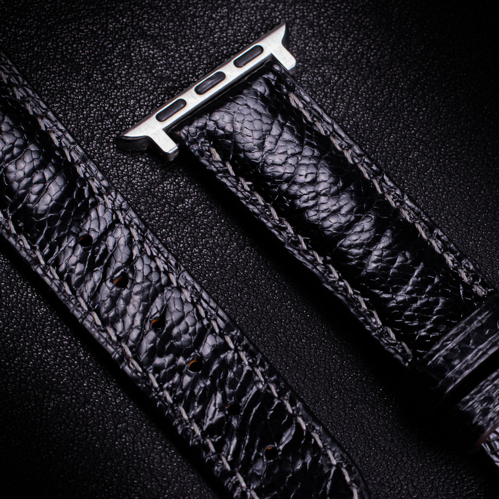 Black Glossy Ostrich Leg Leather Apple Watch Band