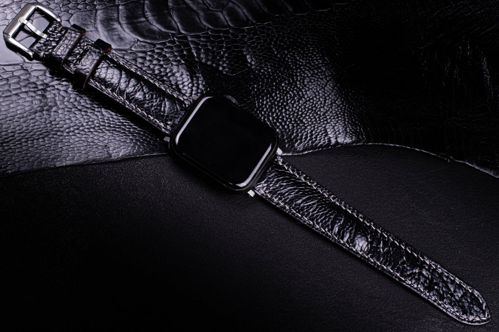 Black Glossy Ostrich Leg Leather Apple Watch Band