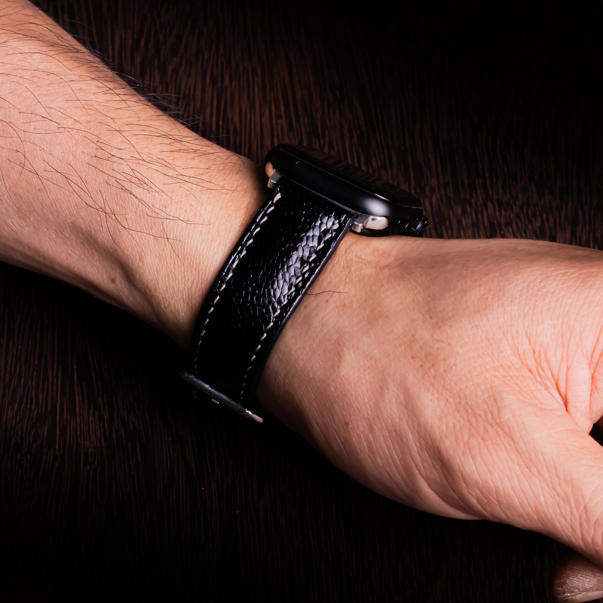 Black Glossy Ostrich Leg Leather Apple Watch Band