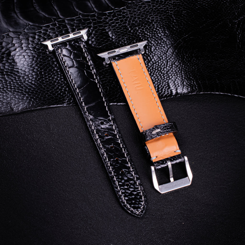 Black Glossy Ostrich Leg Leather Apple Watch Band (Scaled)