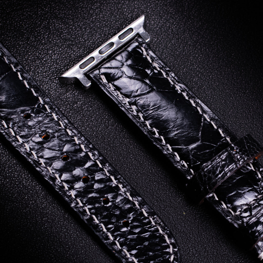 Black Glossy Ostrich Leg Leather Apple Watch Band (Scaled)