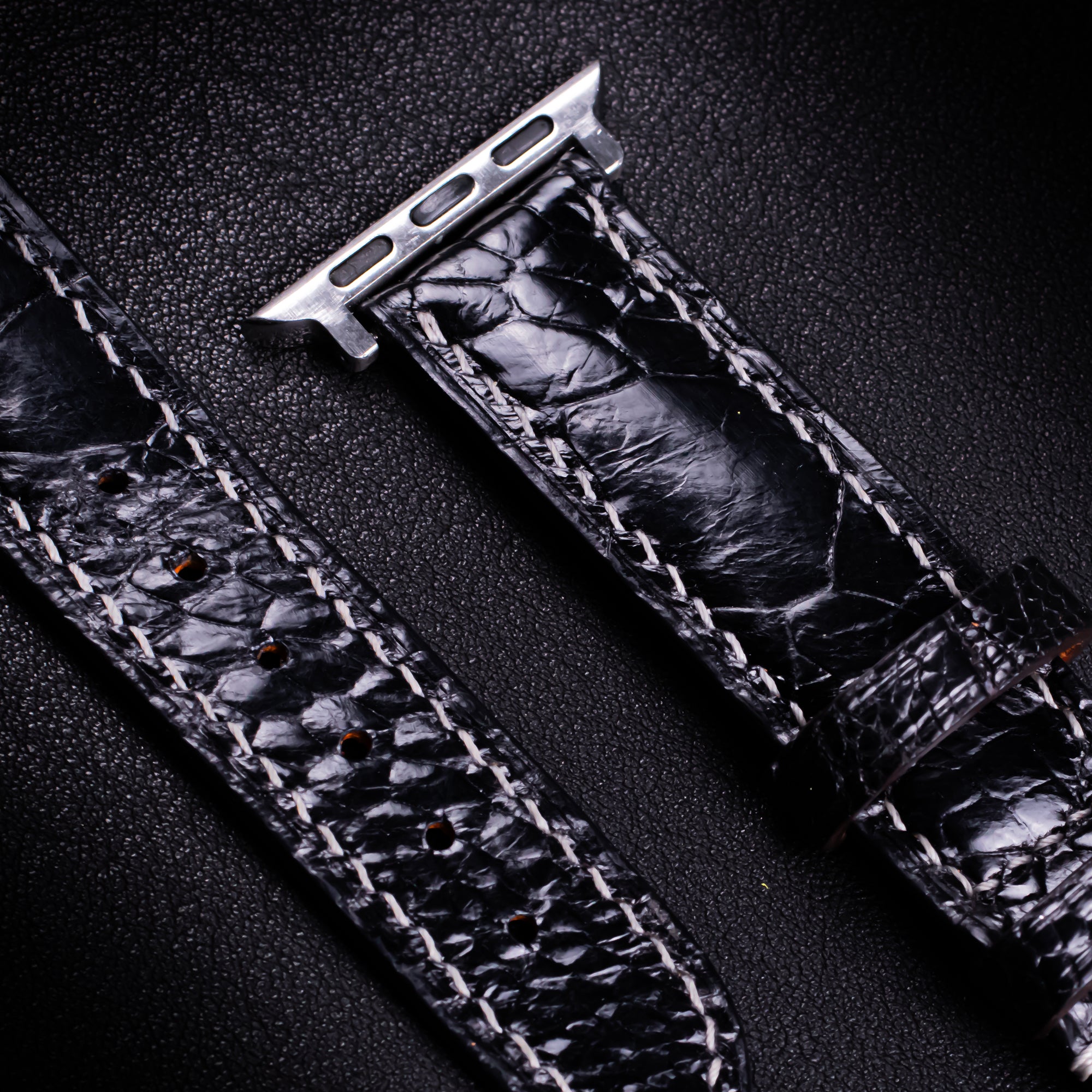 Black Glossy Ostrich Leg Leather Apple Watch Band (Scaled)