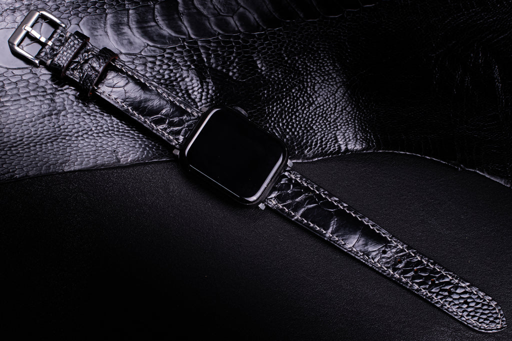 Black Glossy Ostrich Leg Leather Apple Watch Band (Scaled)