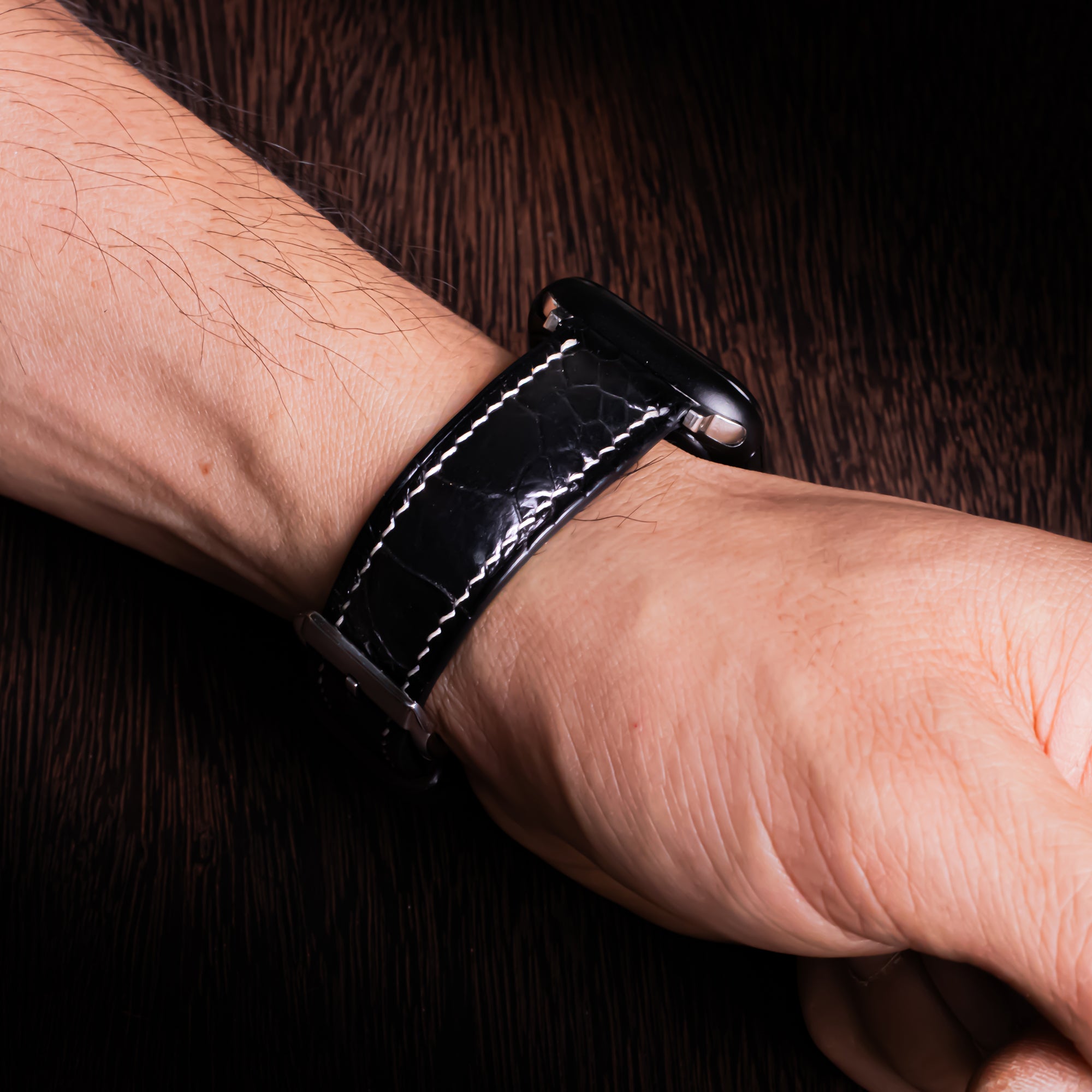 Black Glossy Ostrich Leg Leather Apple Watch Band (Scaled)