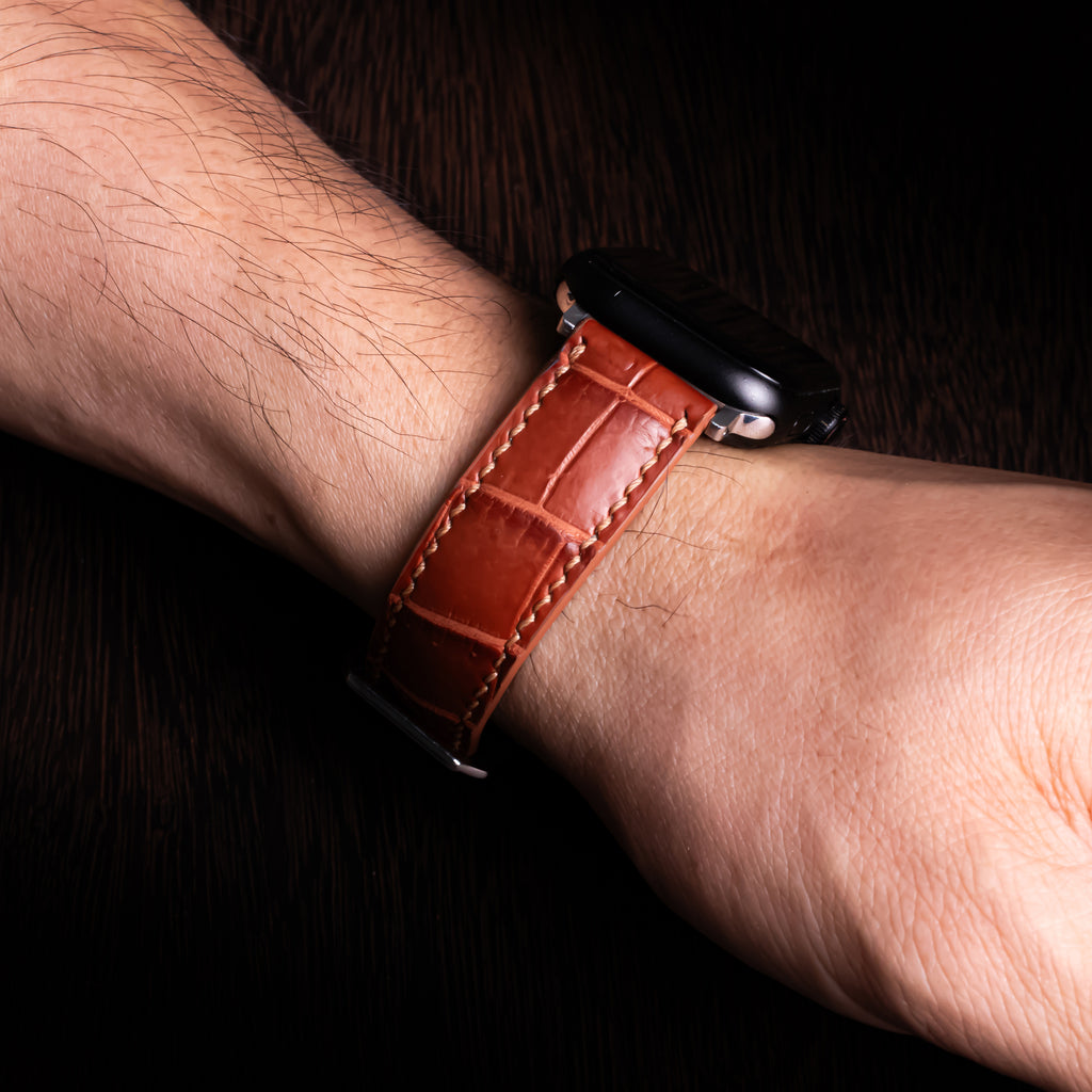 Cognac Alligator Leather Apple Watch Band (Belly)