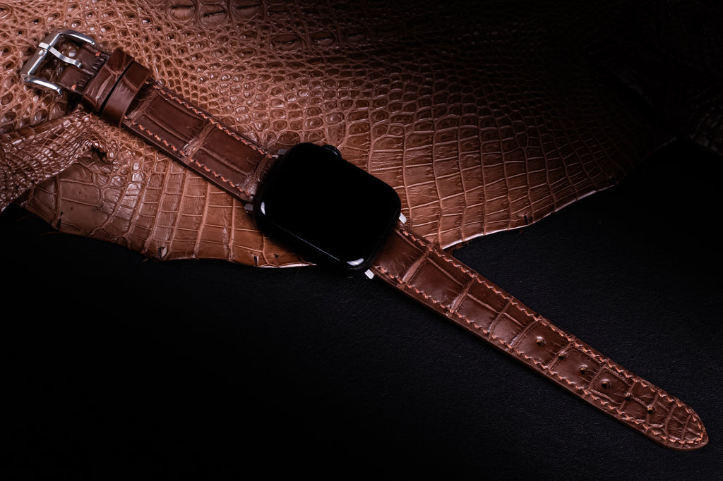 Chocolate Brown Alligator Leather Apple Watch Band (Belly)