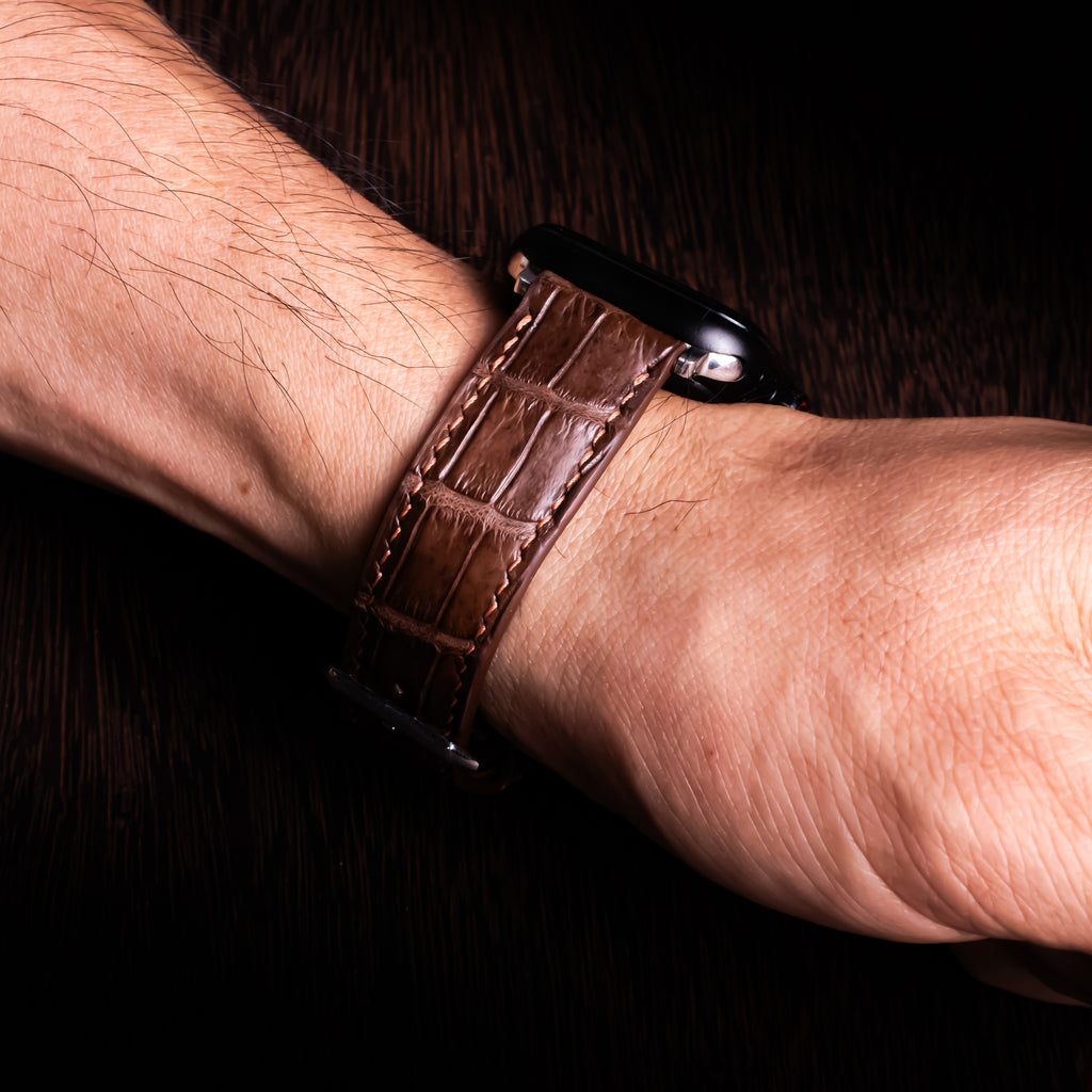 Chocolate Brown Alligator Leather Apple Watch Band (Belly)