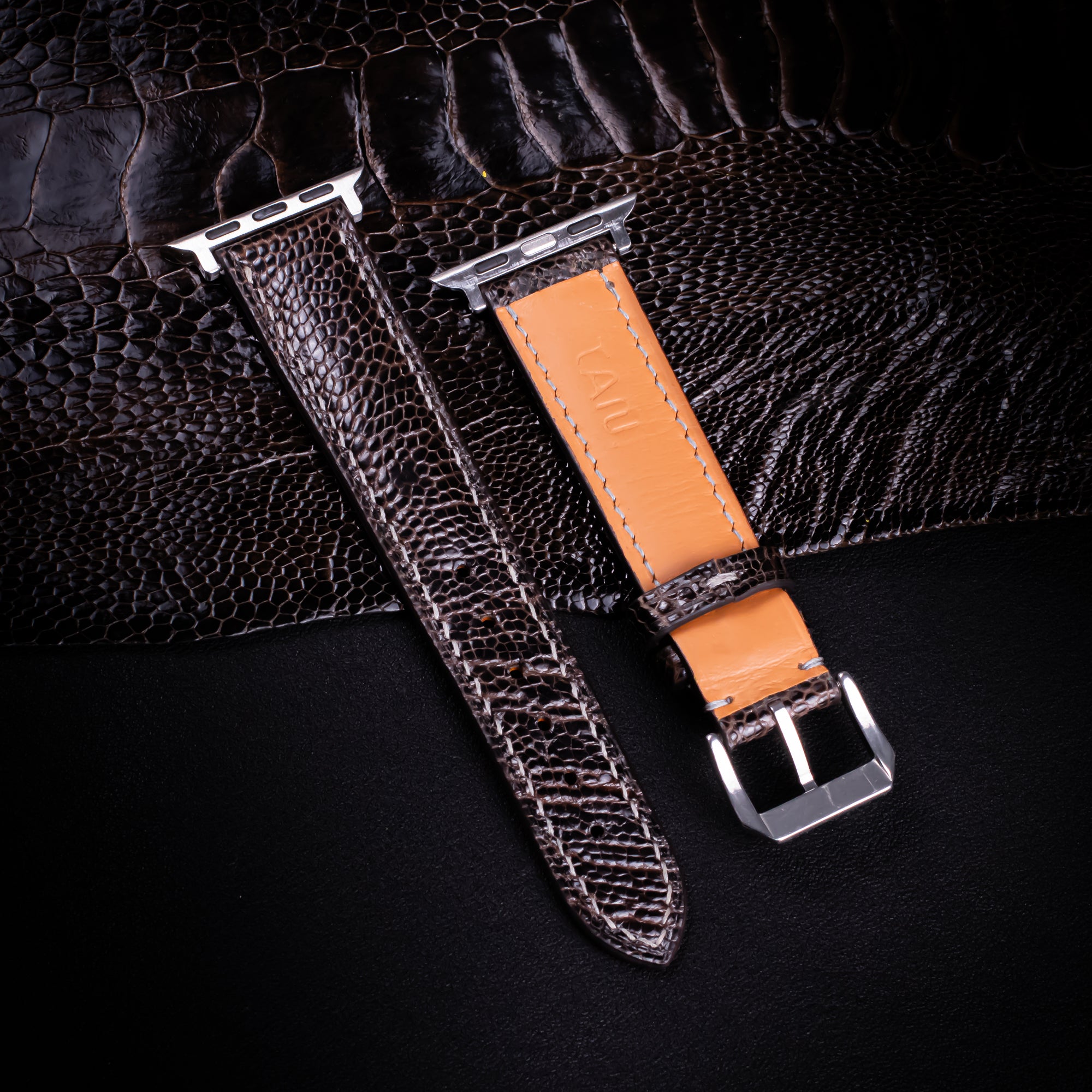 Dark Espresso Glossy Ostrich Leg Leather Apple Watch Band
