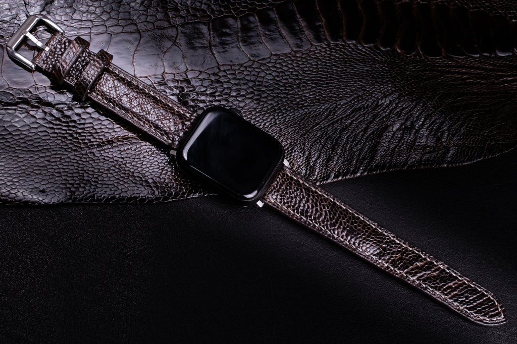 Dark Espresso Glossy Ostrich Leg Leather Apple Watch Band