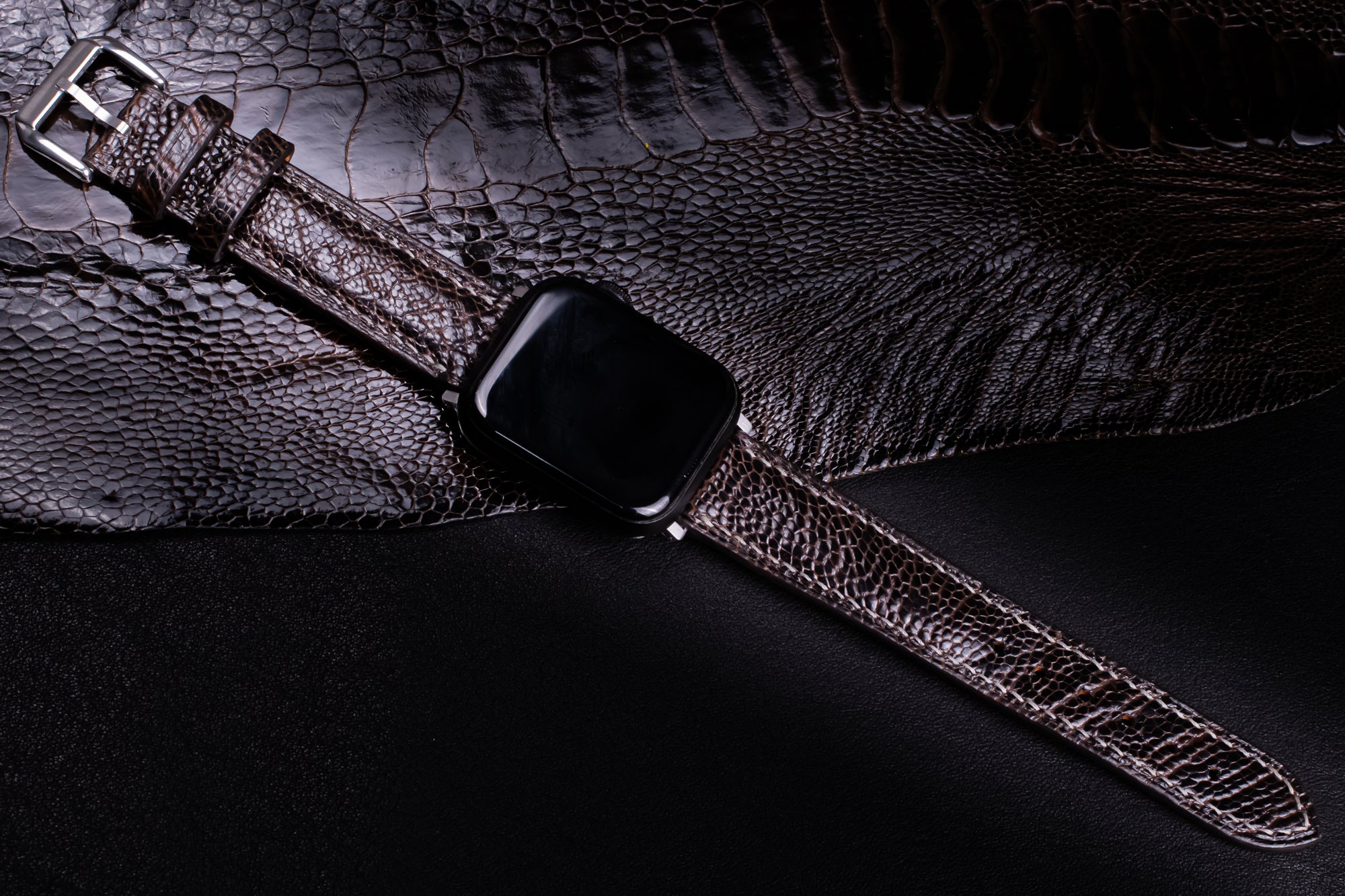 Dark Espresso Glossy Ostrich Leg Leather Apple Watch Band