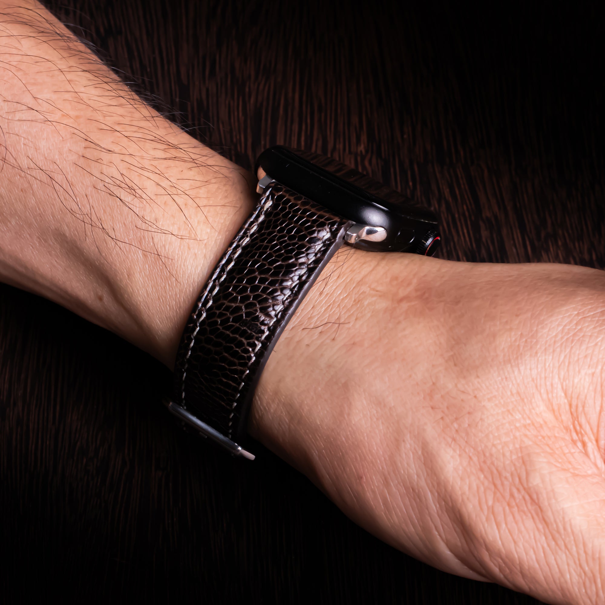 Dark Espresso Glossy Ostrich Leg Leather Apple Watch Band