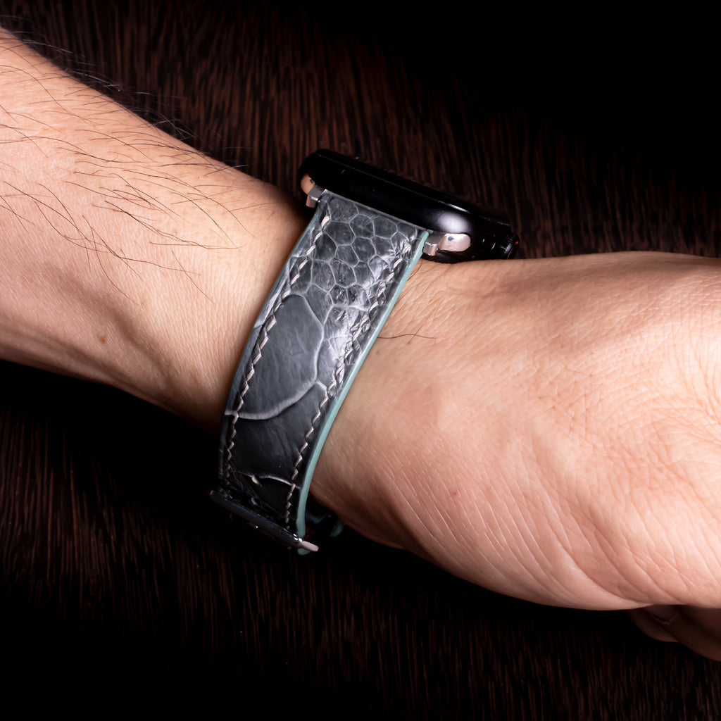 Pine Grey Glossy Ostrich Leg Leather Apple Watch Band (Scaled)