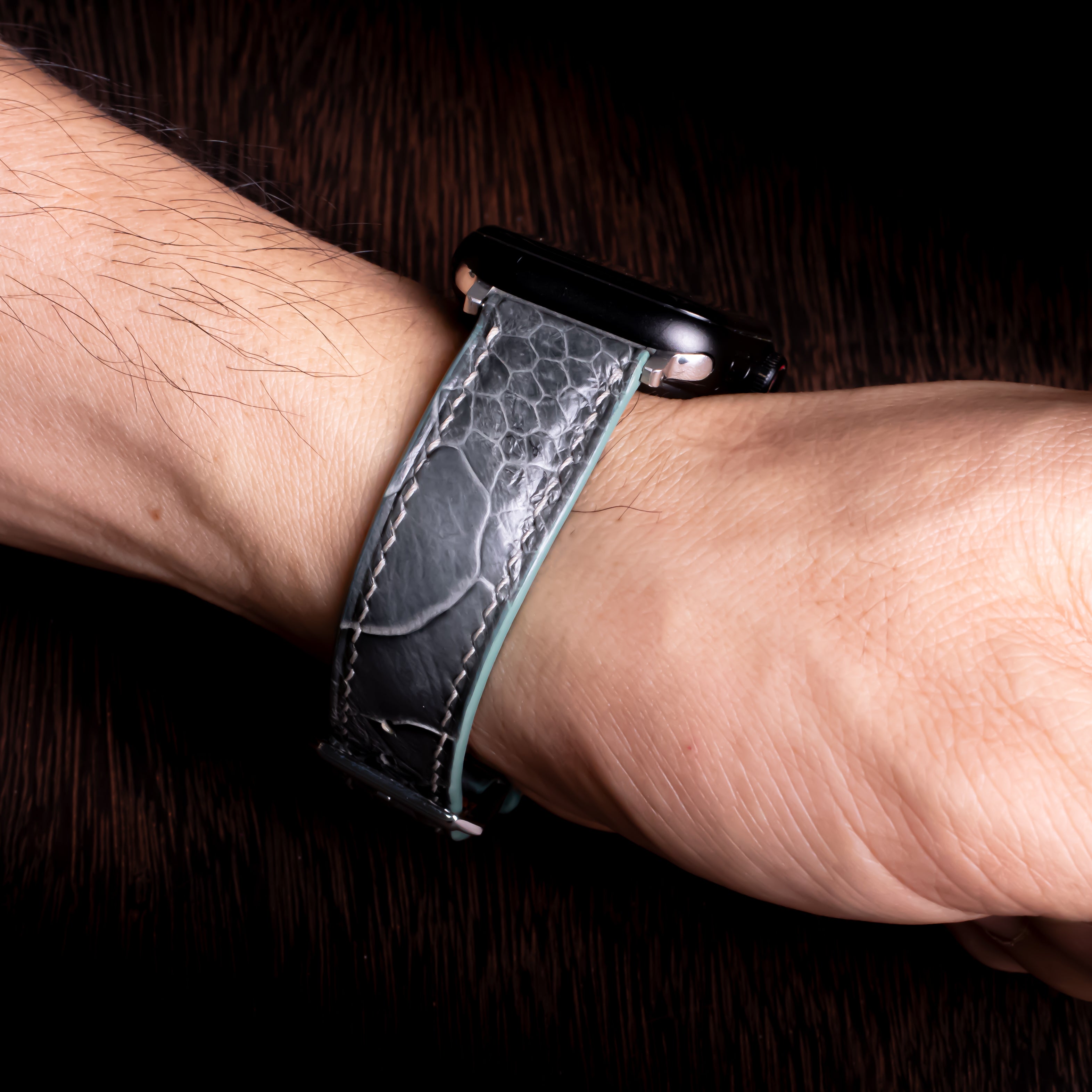 Pine Grey Glossy Ostrich Leg Leather Apple Watch Band (Scaled)