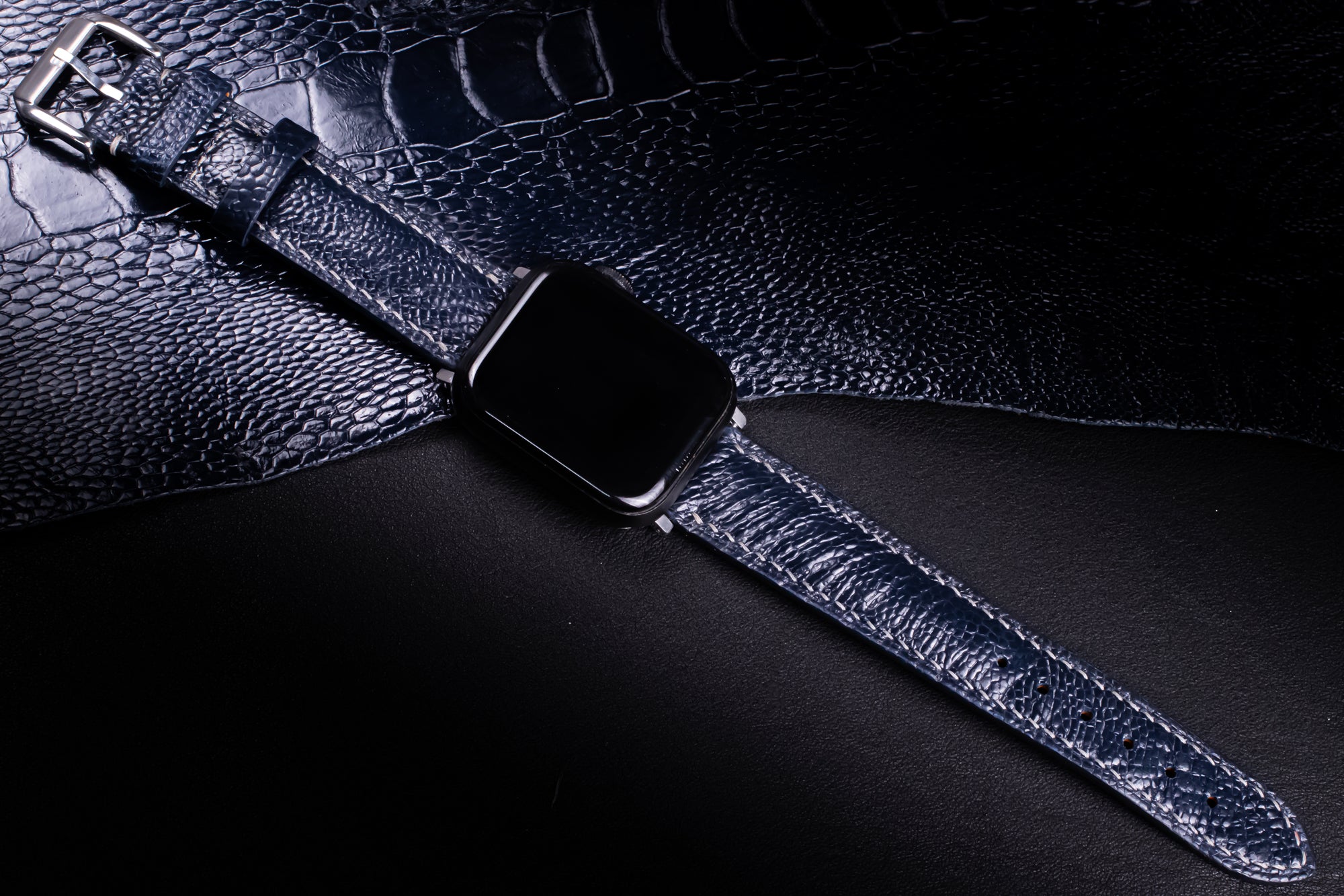 Midnight Blue Glossy Ostrich Leg Leather Apple Watch Band