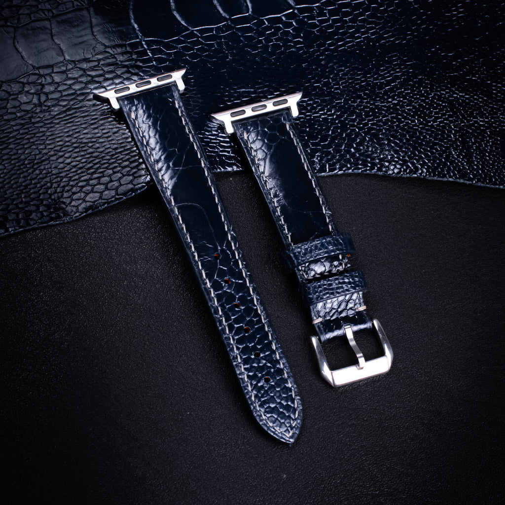 Midnight Blue Glossy Ostrich Leg Leather Apple Watch Band (Scaled)