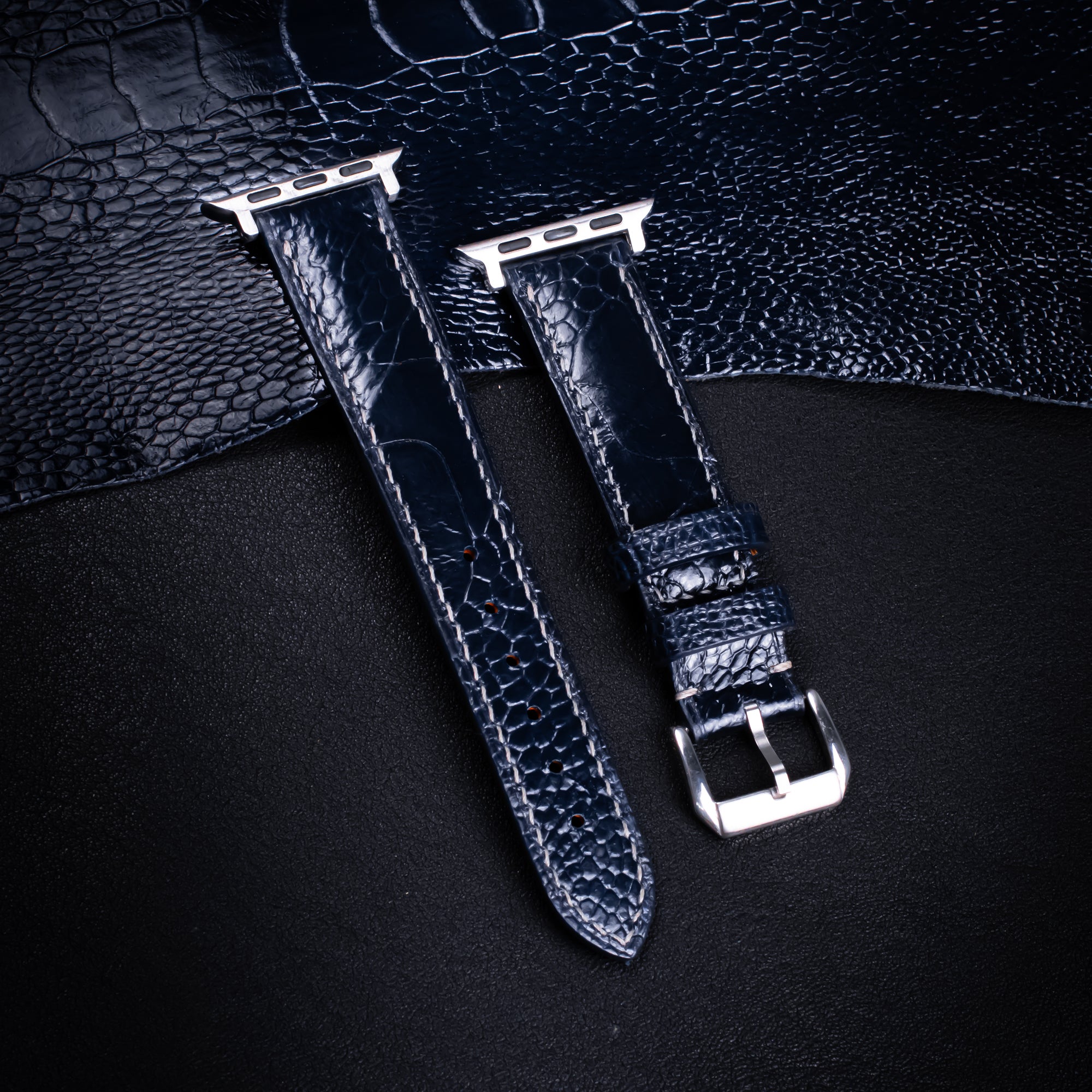 Midnight Blue Glossy Ostrich Leg Leather Apple Watch Band (Scaled)